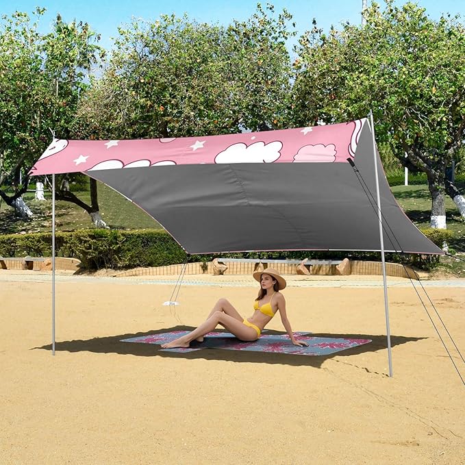 Cartoon Cute Pink Lively Unicorn Camping Sun Shelter Beach Tent Portable Beach Sun Shade Outdoor Canopy for Camping Trips Fishing Picnic