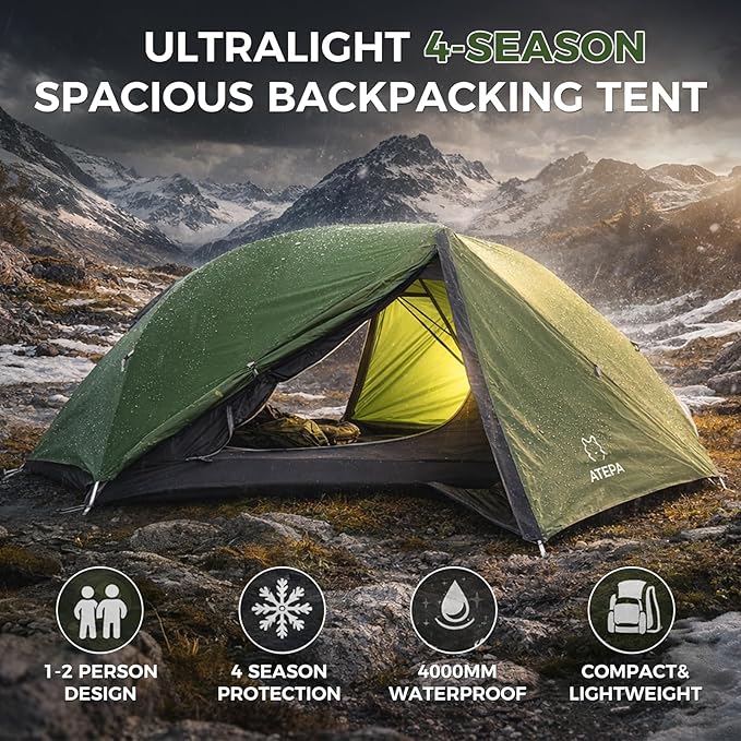 ATEPA Voyage 1-2 Person Backpacking Tent 4 Season Ultralight Camping Tent 4000mm Waterproof Double Layer Cold Wearther Easy Set Up Tent for Family Camp Hiking Hunting Outdoor Mountaineering Travel