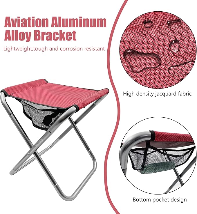 Folding Camping Stool 16 Inch Tall Portable Folding Stool Aluminum Alloy Lightweight Stool Seat Red Foldable Stool with Carry Bag for Fishing Outdoor Camping Hiking and BBQ (Red)