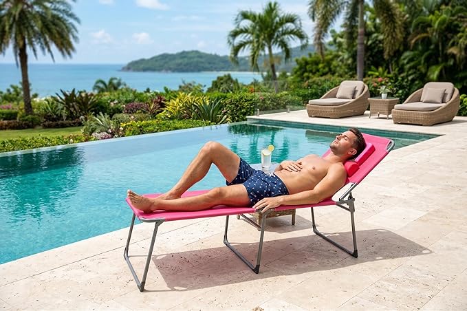 Tanning Chair with Face Hole Folding Beach Lounge Chair 5-Position Adjustable Backrest Face Down Chaise Lounge with Pillow and Side Pocket Portable for Poolside Patio Backyard Beach Pink
