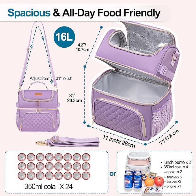 Lunch Bags for Women Dual Compartment Lunch Box Lunch Bag for Work Leakproof Lunch Cooler Large Insulated Lunchbox for Adult for Women Men Lunchbag for Picnic Beach (Purple)