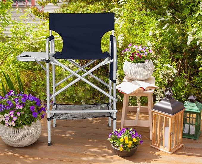 ABCCANOPY Folding Tall Directors Chair Outdoor Camping Chair Makeup Artist Chair with Side Table &amp Pockets Navy Blue