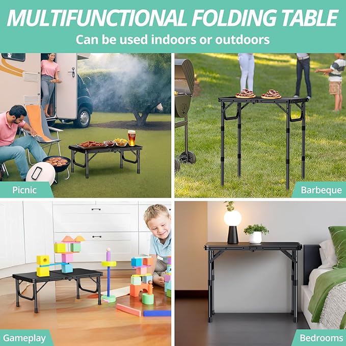 VINTEAM Camping Folding Table with Adjustable Height Lightweight Portable Outdoor Picnic Table BBQ Grill Side Table Durable Aluminum Frame MDF Desktop for Camping Fishing RV Beach (Black)