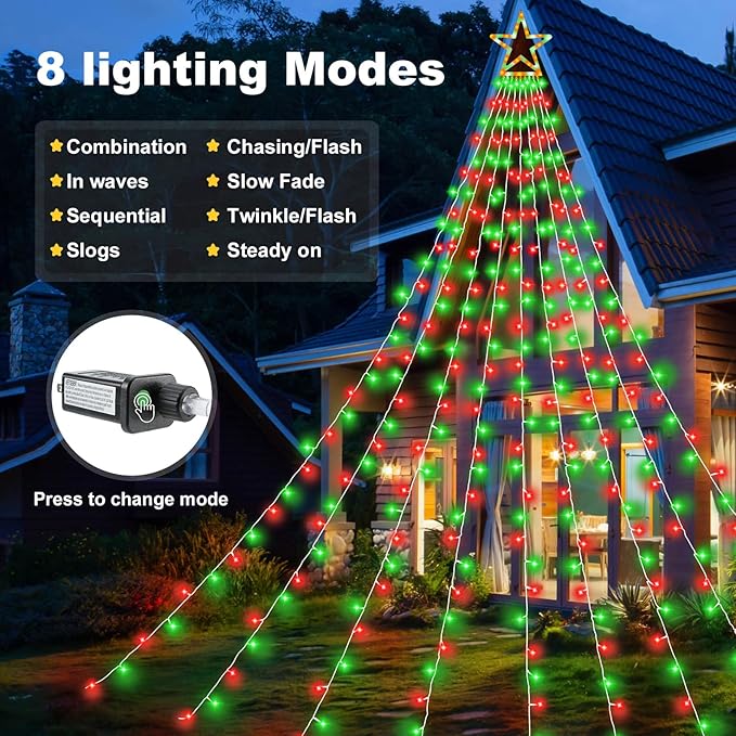 Christmas Decorations Outdoor 11.5 ft 317 LED Star Christmas Tree Lights 8 Memory Lighting Modes&ampTimer Star Light for Yard Wedding Party Decorations（Red+Green）