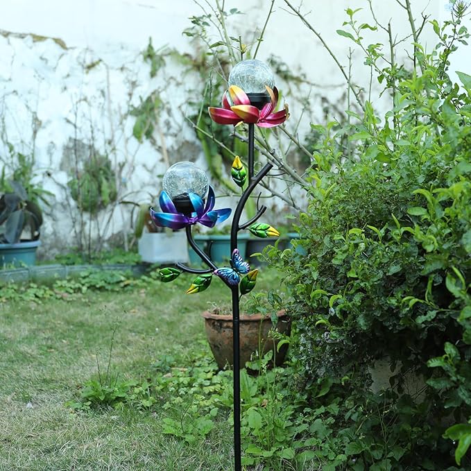 VCUTEKA Solar Garden Flowers with LED Light Crackle Glass Globe Solar Lights Outdoor Metal Stake Wind Spinner for Garden Decoration Patio Decor Yard Decor and Gift for Mother