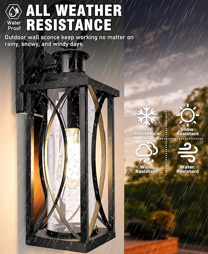 DBF Motion Sensor Outdoor Lights Wall Mount Dusk to Dawn Exterior Light Fixture Anti-Rust Waterproof Outside Porch Lights with Glass &amp E26 Socket Wall Sconce for House Garage Patio Doorway Blac