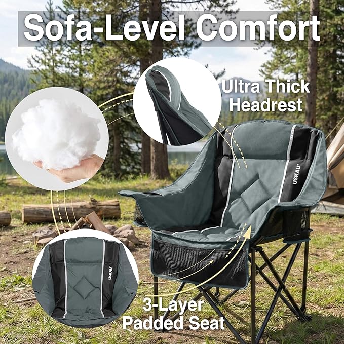 Oversized Camping Chair for Adults - Heavy Duty 400 lbs Padded Folding Chair with Wine Glass Holder 2 Cup Holders &amp Side Pockets Portable Carry Bag for RV Tailgating Lawn