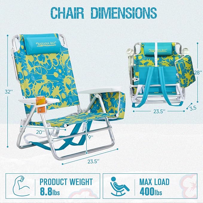 Old Bahama Bay Backpack Beach Chair Aluminum Lightweight Reclining 5-Position Lounge Chair for Adults Heavy Duty Support 400 LBS Portable Folding with Cooler Bag Camping Chair for Sand Outdoor