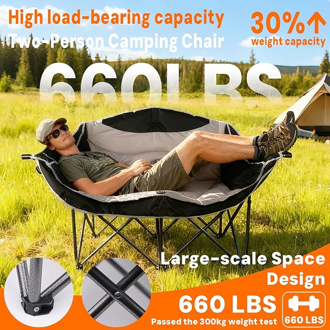 Double Camping Chair Adults Oversized Padded Camping Chair Outdoor Folding Chair loveseat Camping Chair with Cup Holders Outdoor Lawn Backyard (Black/Grey)