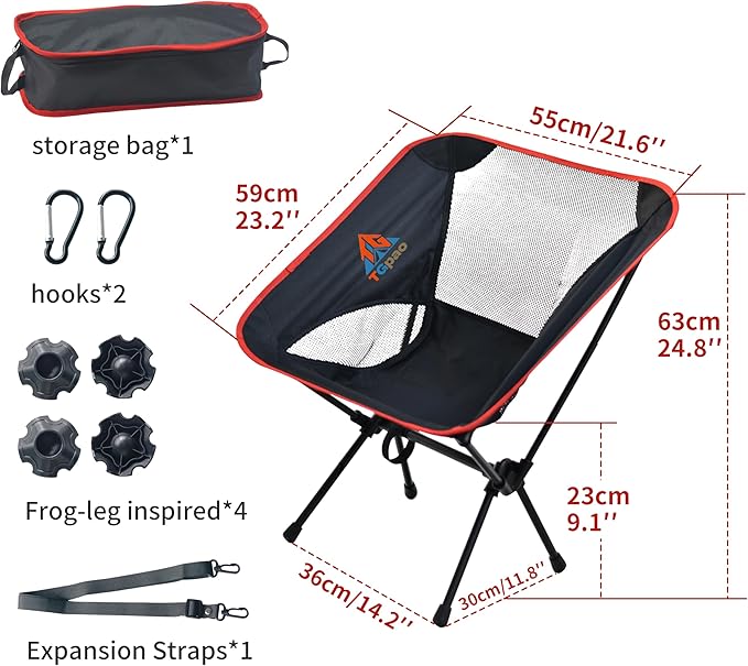 Lightweight Backpacking Folding Chair with Carry BagStable and Sturdy Camping Chairs with Back Support Fishing Hiking and Beach Activities (Low backrest Black and red S)
