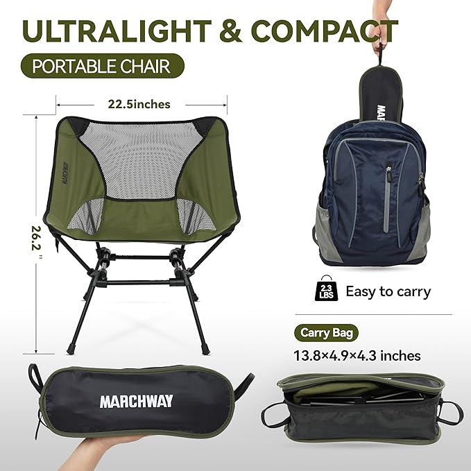 MARCHWAY Ultralight Folding Camping Chair Heavy Duty Portable Compact for Outdoor Camp Travel Beach Picnic Festival Hiking Lightweight Backpacking (Green)