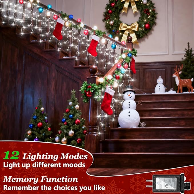 612 LED String lights Indoor Outdoor 60ft Christmas Window Lights with 136 Drops 12 Modes Dimmable Curtain Lights Fairy Lights for Bedroom Holiday Wedding Party Home Xmas Decorations Cool White