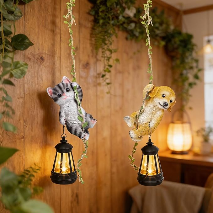 Set of 2 Solar Hanging Statue Outdoor Resin Black White Cat &amp Golden Retriever Dog Figurine with LED Lights Animal Ornament for Garden Fence Porch Patio Yard Decor