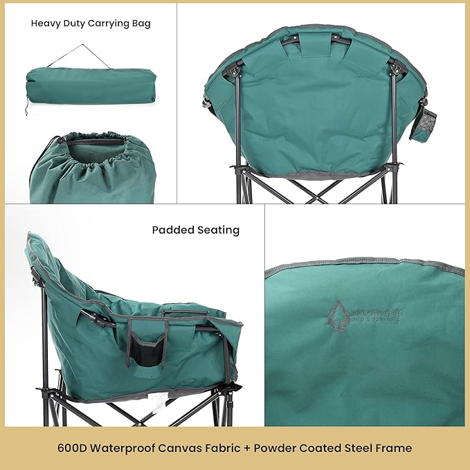 ARROWHEAD OUTDOOR 2-Pack Oversized Heavy-Duty Club Folding Camping Chair w/Pocket Cup Holder Portable Padded Moon Round Saucer Supports 330lbs