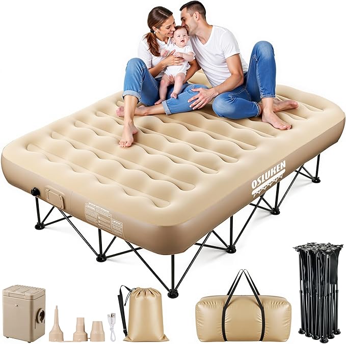Queen Air Mattress with Frame &amp Built in Pump 500 LBS Self Inflating Air Bed Blow Up Bed Camping Cot with Mattress for Adults Portable Inflatable Bed for Guest Travel 80 x 60 x 9 25 Rais