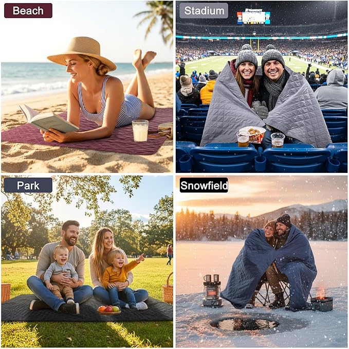 Tranqun 4 Pcs Large Outdoor Blanket 78'' x 55'' Quilted Windproof Waterproof Fleece Sandproof Stadium Foldable Warm Blanket for Camping Picnic Sporting Events Cold Weather (Classic Color)