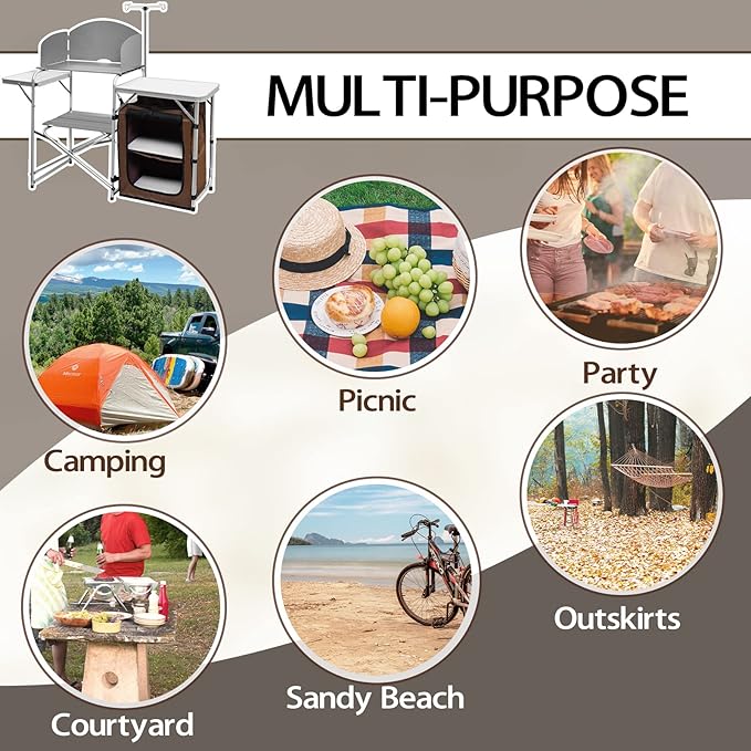 CampLand Folding Camping Kitchen Table with WindscreenPortable Outdoor Cooking Station with Storage Cabinet &amp Side Tables Heavy Duty Camp Cook Station for Camping &amp BBQ（White）