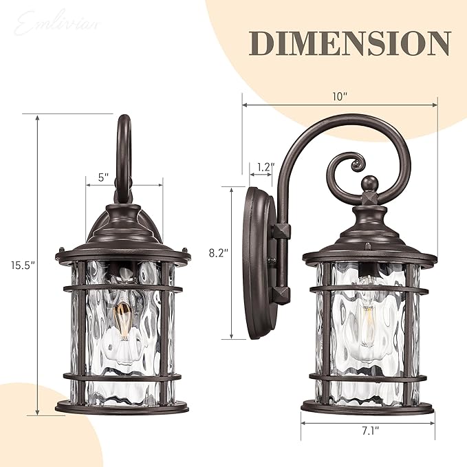 Emliviar 15.5 Outdoor Wall Mounted Light Fixture Farmhouse Porch Lighting in Oil Rubbed Bronze Finish Outside Lantern for Yard with Water Ripple Glass Shade XE229B ORB WG