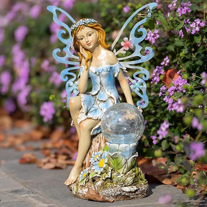 Garden Fairy DecorSolar Outdoor Statues Fairy Garden Accessories Fairy Figurine for Outside GiftsResin Ornaments for Patio Yard LawnSize6.89 x 5.24x 12.68 inches