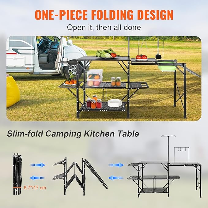 VEVOR Camping Kitchen Table with Sink Aluminum Folding Portable Outdoor Cook Station 2 Shelves &amp Carrying Bag for Picnic BBQ Beach Traveling
