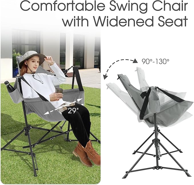 HOMEFUN Hammock Camping Chairs Set of 2- Portable Swinging Chair for Adults with Stand and Storage Bag Oversized Folding Rocking for Lawn Camp Fishing Hiking Gray