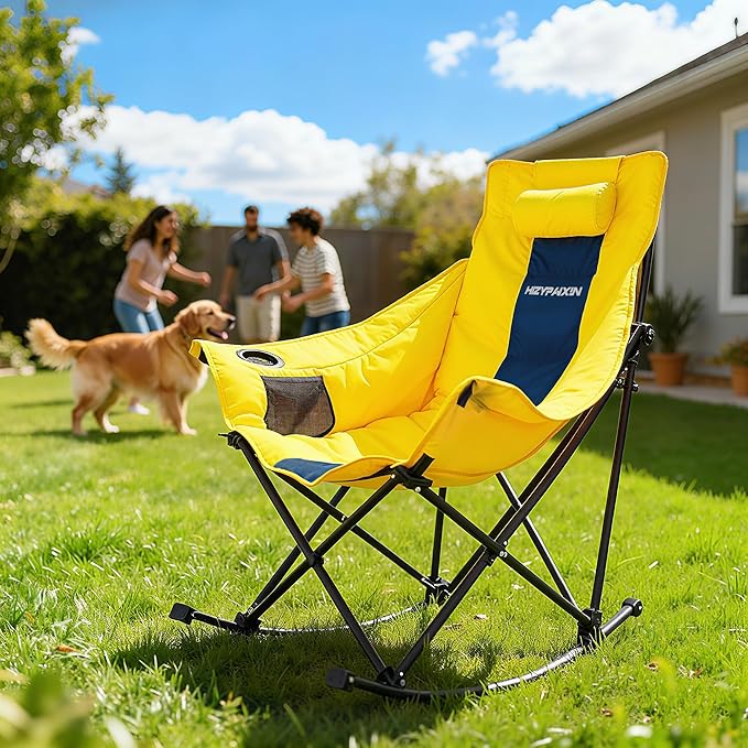 Oversized Rocking Camping Chair for Adults with Headrest Portable Rocking Chair with Cup Holder Side Pocket &amp Carry Bag 400 lbs Heavy Duty Outdoor Rocker Chair for Camp Patio Yellow