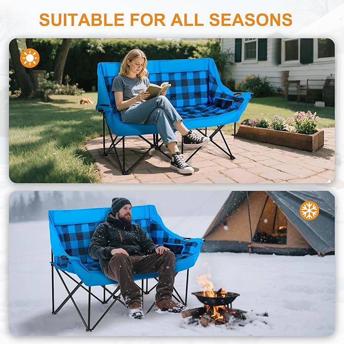 LILYPELLE Heated Double Camping Chair for 2 Person Oversized Padded Folding Loveseat with 3-Levels Heating Portable Camping Couch with Cup Holders &amp Side Pockets Heavy Duty Supports 500lbs