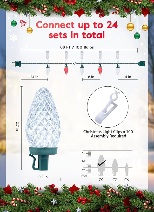 C9 LED Christmas Lights Outdoor 68 Ft 100 LED C9 String Lights with 100 All in One Clips Connectable Waterproof Christmas Tree Lights for Outside Roofline Backyard Garden Decor Red &amp Warm White