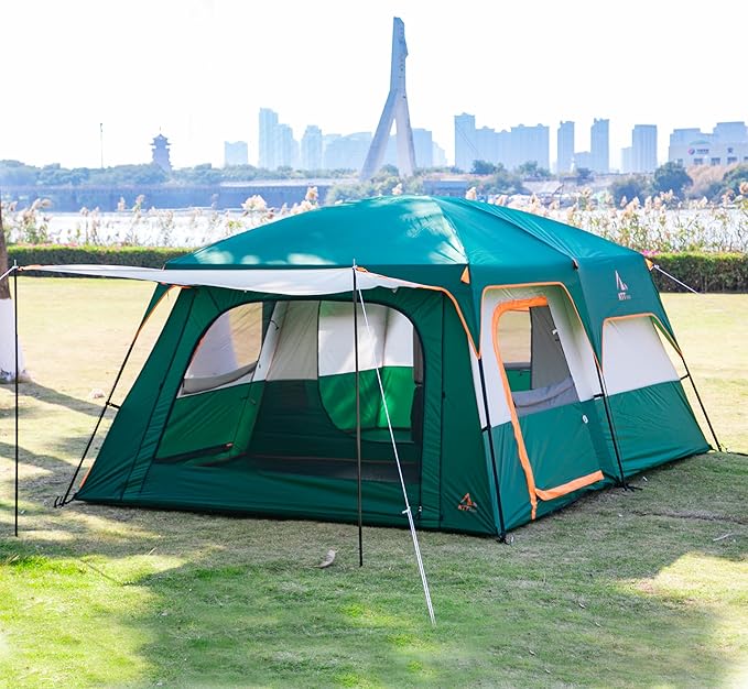 KTT Extra Large Tent 10-12-14 Person(A)Family Cabin Tents2 Rooms3 Doors and 3 Windows with MeshStraight WallWaterproofDouble LayerBig Tent for OutdoorPicnicCampingFamily Gathering