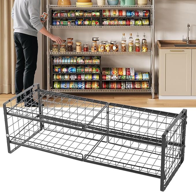2 Tier Stackable Can Organizer Made of Carbon Steel Holds 64 Cans Adjustable Inclined Shelf with Double Layer Design for Storage
