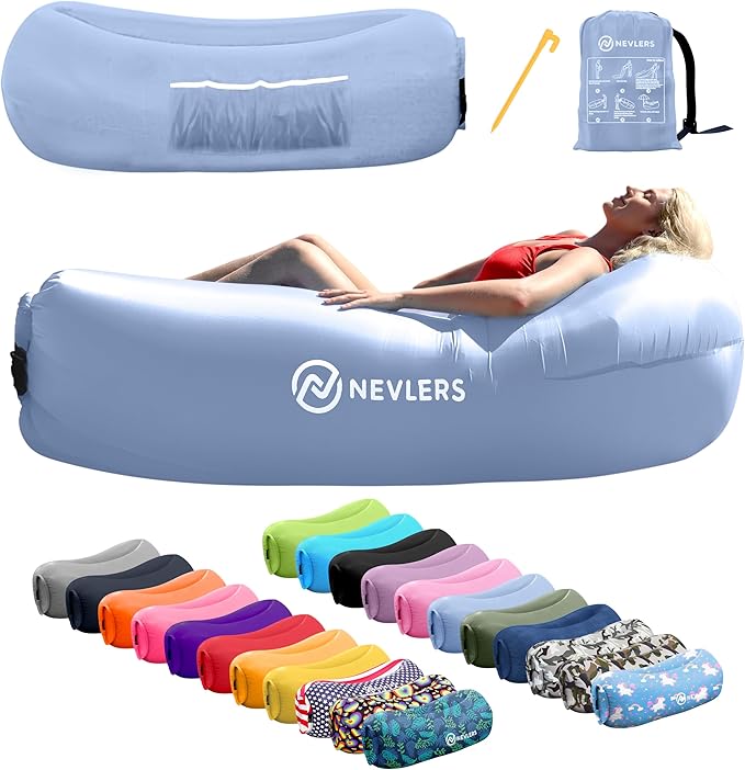Nevlers Periwinkle Blue Inflatable Lounger | 210T Polyester Blow Up Couch | Inflatable Beach Chair w/ 450 lbs. Capacity Pockets &amp Carry Bag | No-Pump Air Couch for Use as Music Festival Accessor