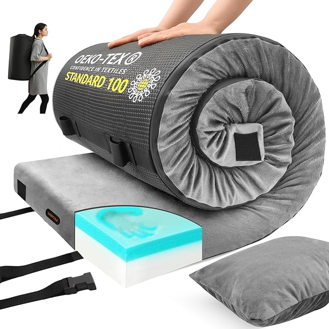 Memory Foam Camping Mattress pad Comfortable Thick Floor Sleeping Mat for Adults with Waterproof and Non-Slip Bottom Portable Roll Up Mattress for Sleepover GuestCot Mad for Car Camping