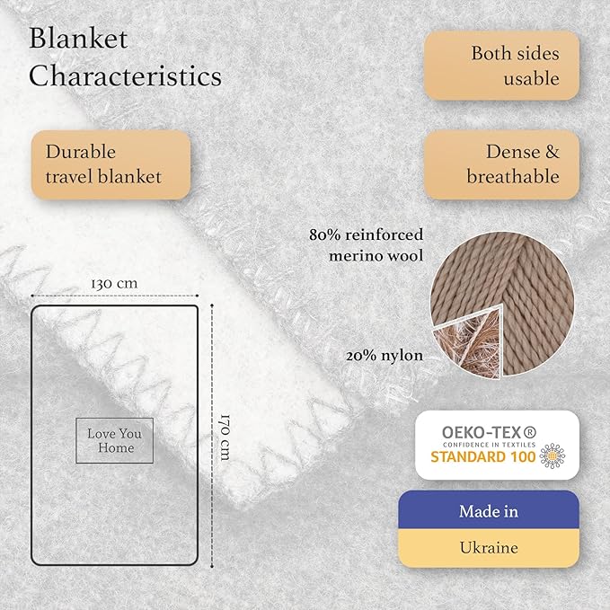 LYHome Merino Wool Blanket - Outdoor Camping and Hiking Throw Extra Warm Army Military &amp Hunting Blankets for Cold Weather Warmest Plaid Sheep Wool (51 x 67 in | Gray - Light Gray Double-Sided)