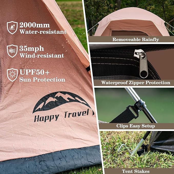 Happy Travel Camping Tent 4/6 Person Dome Tents for Camping with Rainfly Waterproof Clip Easy Setup Portable Family Tent with Mesh Windows 20% More Headroom Backpacking Tents for Camping &amp Hiki