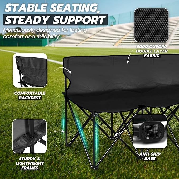 Flexzion Portable Folding Bench Seat 6 Seater Collapsible Soccer Bench Portable Bench Seats for Bleachers Camping Sideline with Back Rest and Carrying Bag Black