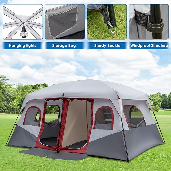 10-Person Family Cabin Tent 2-Room 405×305×200cm Waterproof 190T PU Oxford Fabric Tent with Adjustable Ventilation for Camping Hiking (Red &amp Gray &amp White)