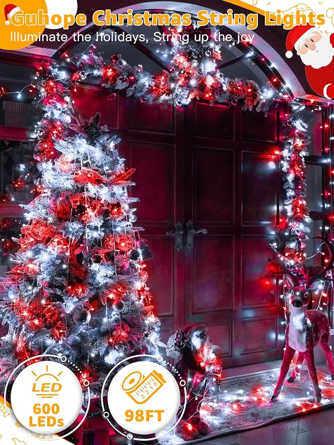 Christmas Lights 600 LED 98FT Waterproof Outdoor String Lights with Remote and Timer 8 Modes Dimmable Fairy Lights for Indoor Outdoor Wedding Party Holiday Decorations (Red and White)