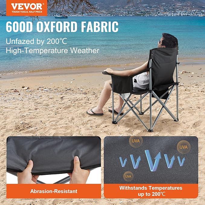 VEVOR Oversized Camping Folding Chair Portable Heavy Duty Outdoor Quad Lumbar Back Padded with Side Pockets Cup Holder and Cooler Bag for Beach Lawn Picnic Fishing Backpacking Black