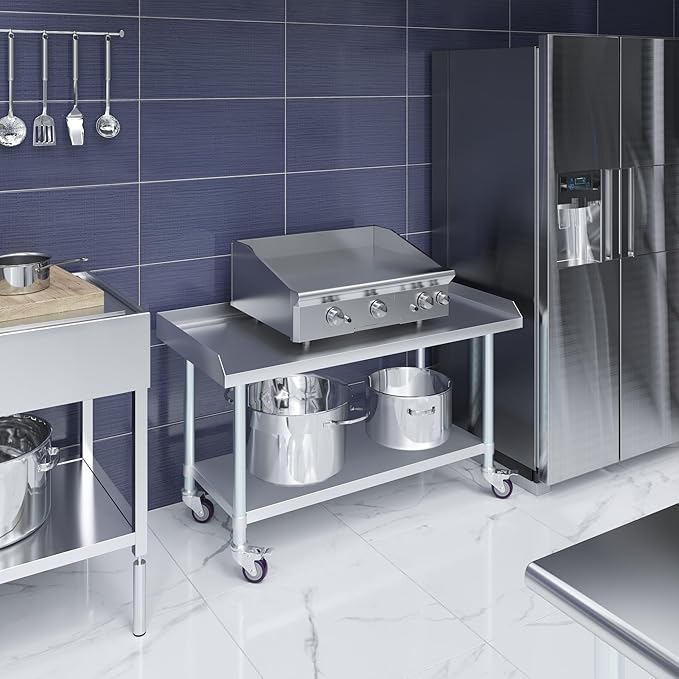AmGood Stainless Steel Equipment Stand with Undershelf + Casters Heavy Duty Commercial Grade NSF Certified (24 Width x 48 Length + Casters)