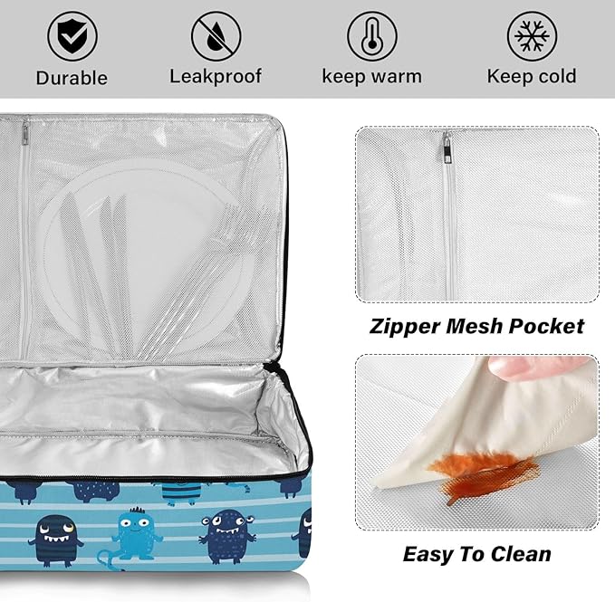 Casserole Carrier Cartoon Blue MonstersInsulated Casserole Carrier for Hot or Cold Food Thermal Lunch Tote for Potluck Parties Picnic Beach Fits 9 x 13 Inches Baking Dish