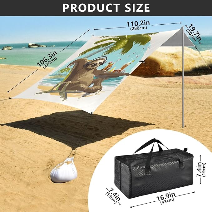 Bolaz Beach Canopy Tent Sun Shade9'×10.5' Large Family Beach Shade UPF50+- Outdoor Shade for Camping Trips FishingThe Sloth is Listening to Music