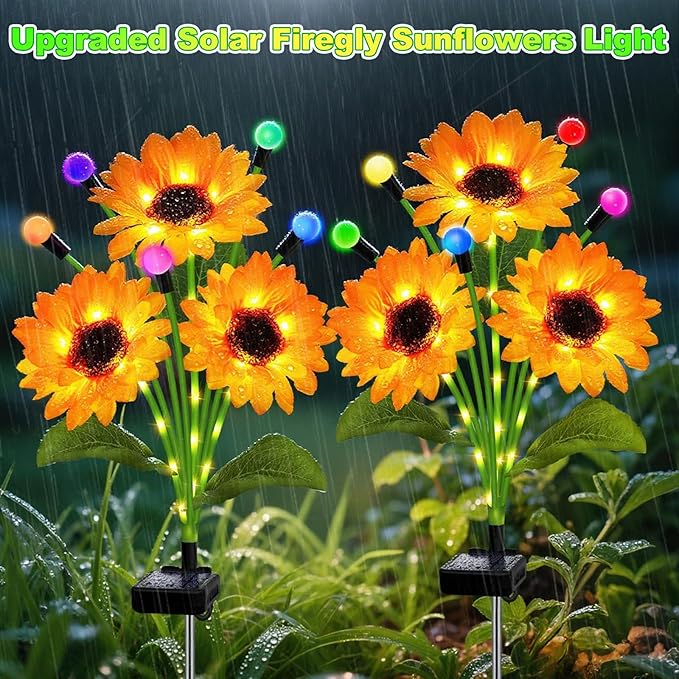 Solar Garden Lights-2 Pack Solar Sunflowers with Multicolor Changing Swaying Firefly LightsGifts for Mom Women Mothers Day BirthdayWaterproof Firefly Sunflower Light for Outdoor Patio Yard Decor