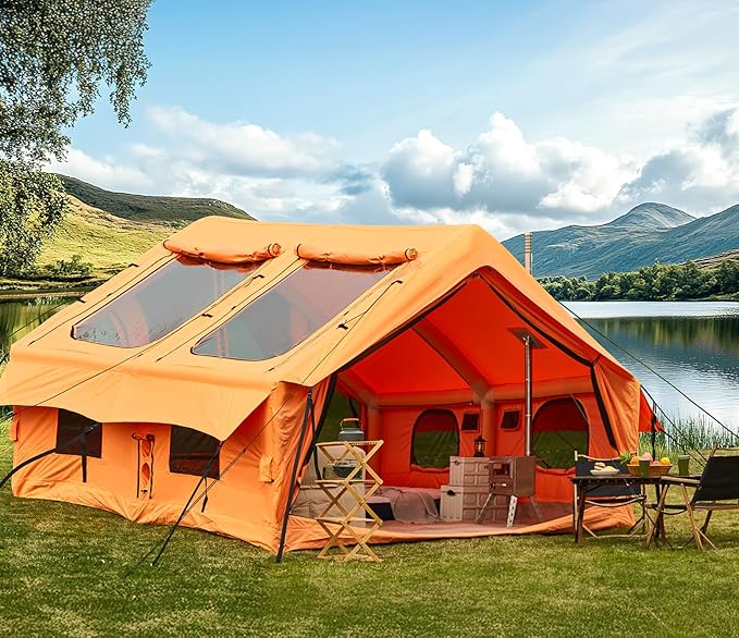 2026 Upgraded Inflatable Tents for Camping 6-8 Person Blow Up Tent with TPU Skylight Mesh Windows Stove Jack &amp Pump Easy Setup 4 Season Large Inflatable Tent Waterproof &amp Windproof