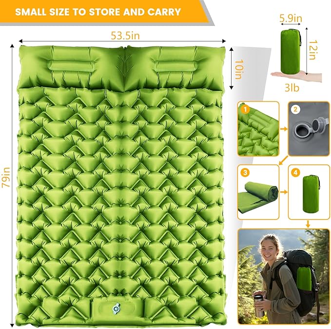 Ultralight Double Sleeping Pad for Camping 4 Thick Inflatable Camping Mat with Built-in Foot Pump &amp Pillow for Backpacking Hiking Travel Tent Car
