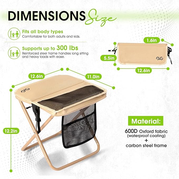 Camping Stool Upgraded FoldableStool Aluminum Alloy Bracket Portable outdoorfolding Chair with Pocket for Queuing FishingHiking Tours BBQ Parties Outdoor Camping Accessories(Khaki)