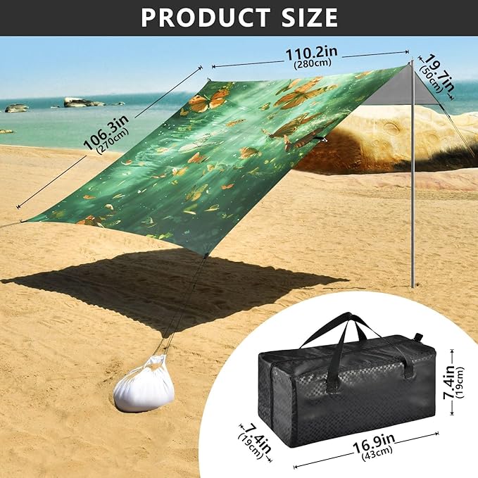 ALAZA Butterfly Romantic Beach Tent Sun Shelter UPF50+ Protection Beach Shade Canopy w/ 4 Sandbags for Outdoor Camping Fishing Backyard Fun Picnic 10x9 ft