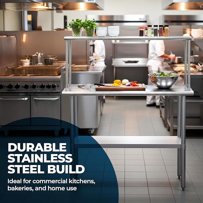 Stainless Steel Work Table with Wide Single Tier Overshelf | Metal Kitchen Prep Table &amp Shelving Combo (18 x 60 Work Table + 12 Overshelf)