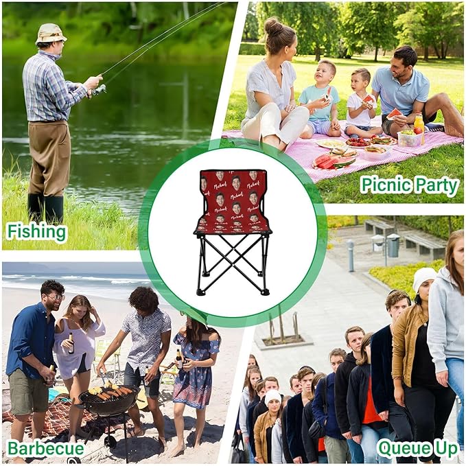 Sinestour Dark Red Custom Photo Folding Camping Chair for Teen Child Personalized Name 14.6×14.6in Portable Outdoor Chair with Carry Bag for Beach Picnic Barbeques