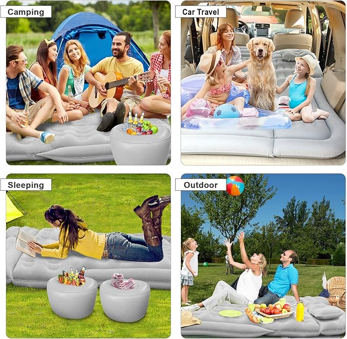 ISWEES Car Bed SUV Air Mattress Car Air Mattress with Home Power Adapter Electric Pump 2 Inflatable Pillows and 2 Footrests for Back Seat Side SeatTrunk Sleeping Thickened Camping Bed - Grey