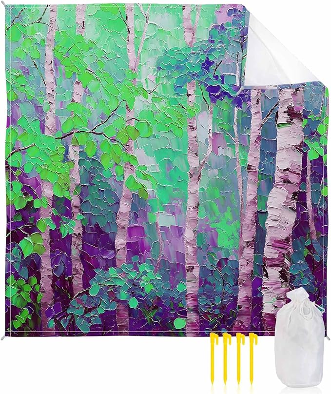 Summer Oil Painting Birch Beach Blanket Waterproof Sandproof Country Purple Tree Plant Beach Mat Quick Drying Outdoor Picnic Mat 95 x 80 for 1-5 Adults Essentials for Travel Camping Hiking
